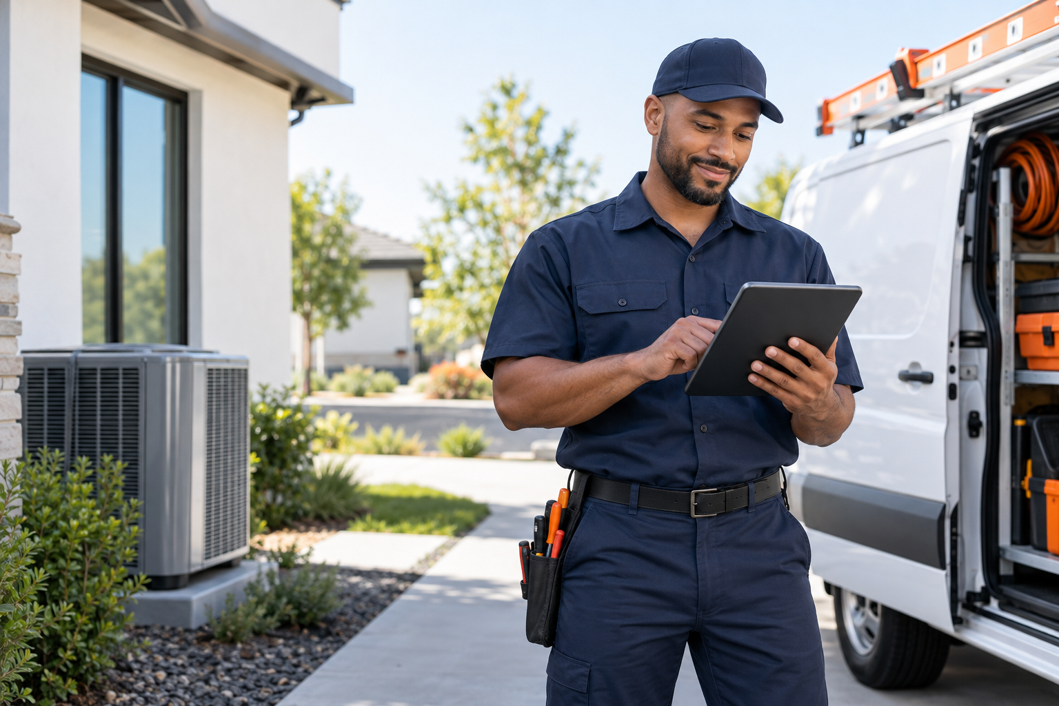 HVAC technician using a tablet beside service equipment and a work van